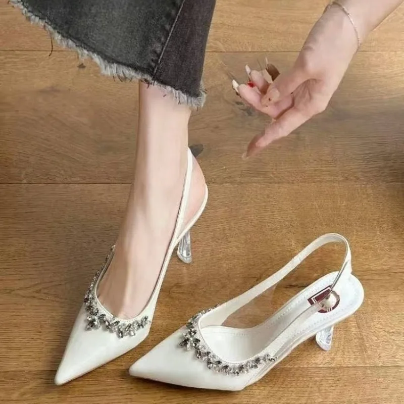

French Pointed Toe Sandals 2025 Summer New Rhinestone High Heels Women's Stiletto Temperament Patent Leather Wrapped Shoes