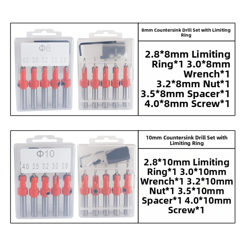 

5pcs 8mm 10mm Countersink Drill Bit Set With Limit Ring For Wood Hole Screw Cutter Adjustable With Hex Key Wrench Power Tool