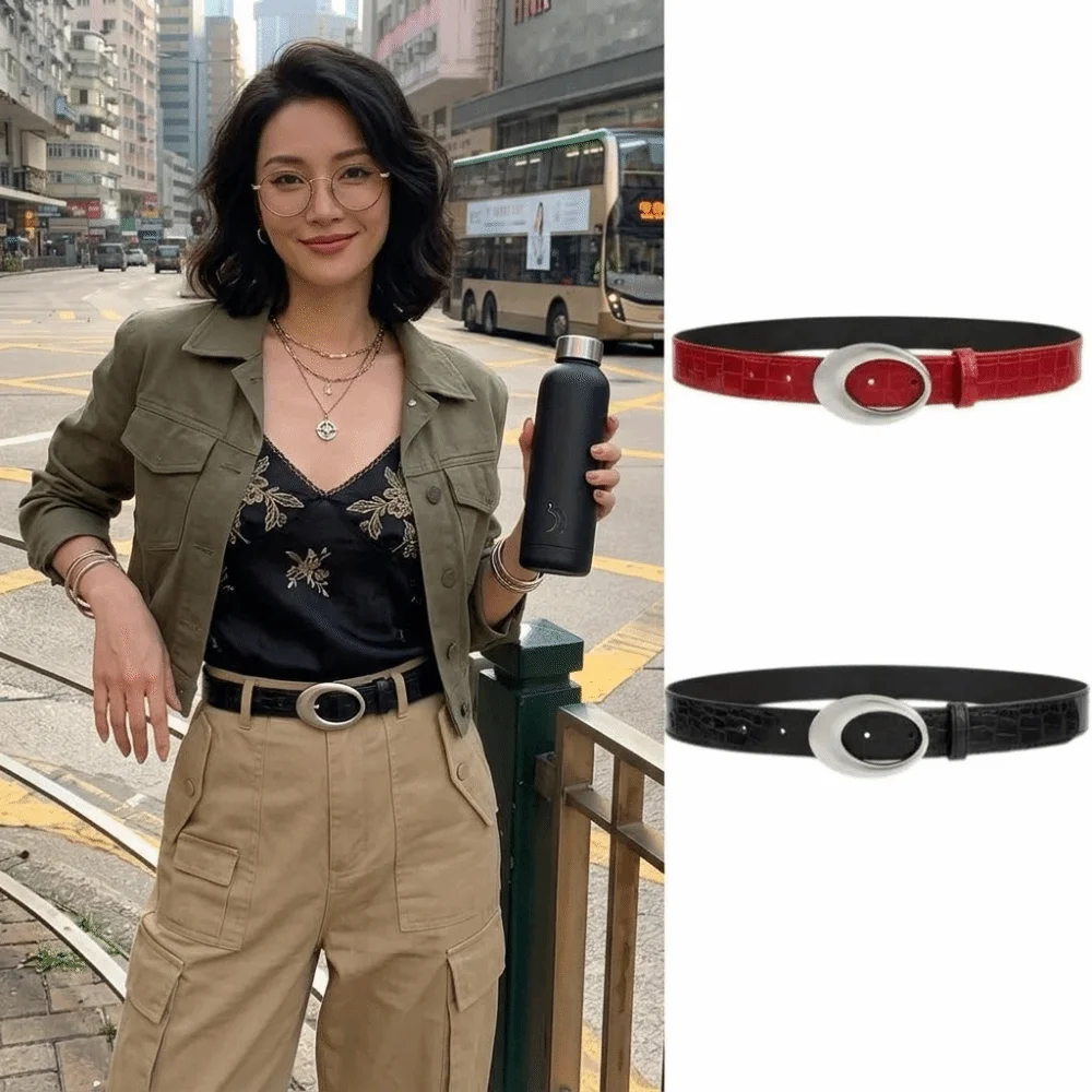 Adjustable Women's Crocodile-patterned Belt Red Black Simple Pin Buckle Waist Belt Imitation Leather Dress Waistband
