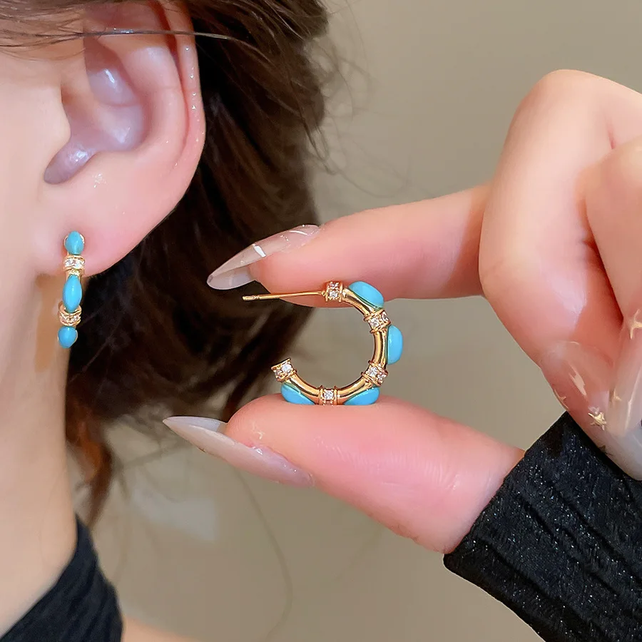 

18k Gold Plated Retro Turquoise Color Hoop Earrings for Women Girls Cubic Zirconia Bamboo Joint Huggie Earrings Fashion Jewelry