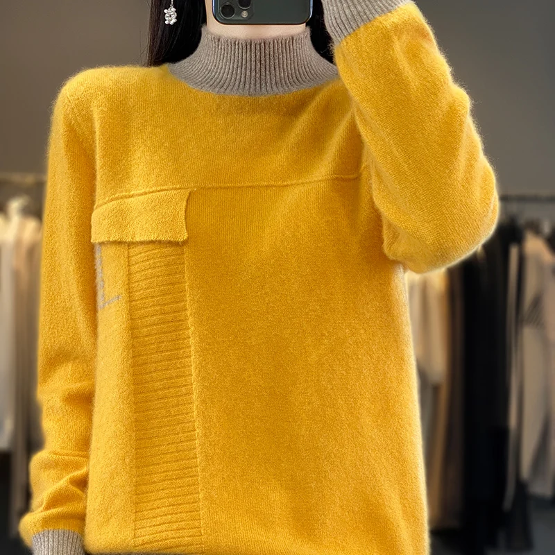 Fall/Winter  Women's Wear 100% Merino Wool Semi-turtle neck Knitted Sweater Solid Color Casual Warm Top