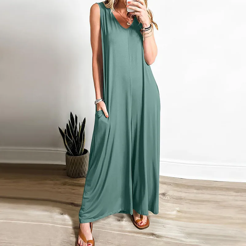 

Summer Fresh And Leisure Female Pockets Jumpsuits Thin Solid Color Casual Sleeveless V Neck Wide-leg Pants Fashion Loose Rompers