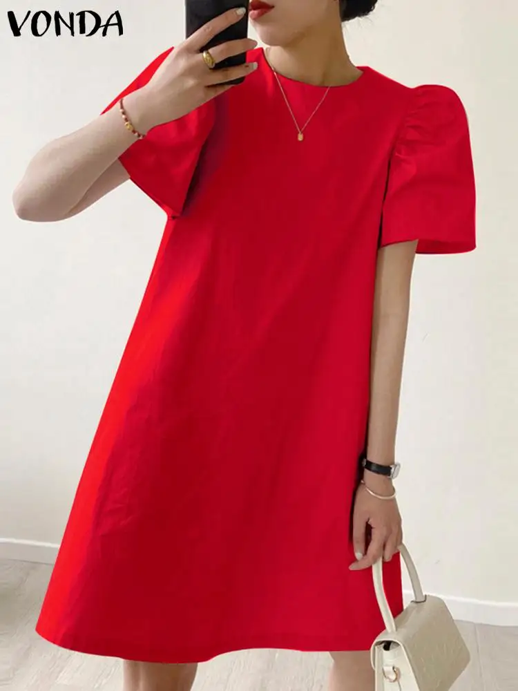 VONDA 2024 Summer Women Mini Dress Fashion Casual O Neck Holiday Elegant Short Puff Sleeve Pleated Robe Party Oversized Dress