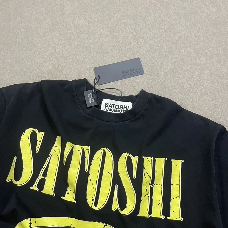 Heavy Cotton Yellow Emoji Letter Logo Off Shoulder Short Sleeve Tops Men Women Washed Black SATOSHI Tshirts Oversize Streetwear
