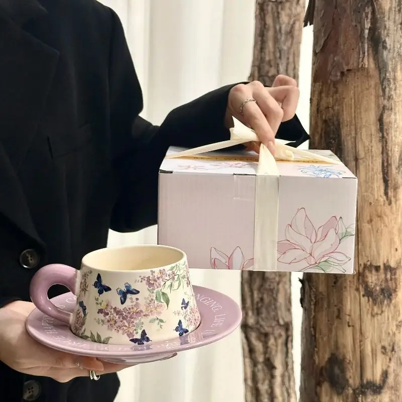 Vintage ceramic cups and saucers, crape myrtle flower oil painting coffee cup and saucer set, afternoon tea, latte mug,