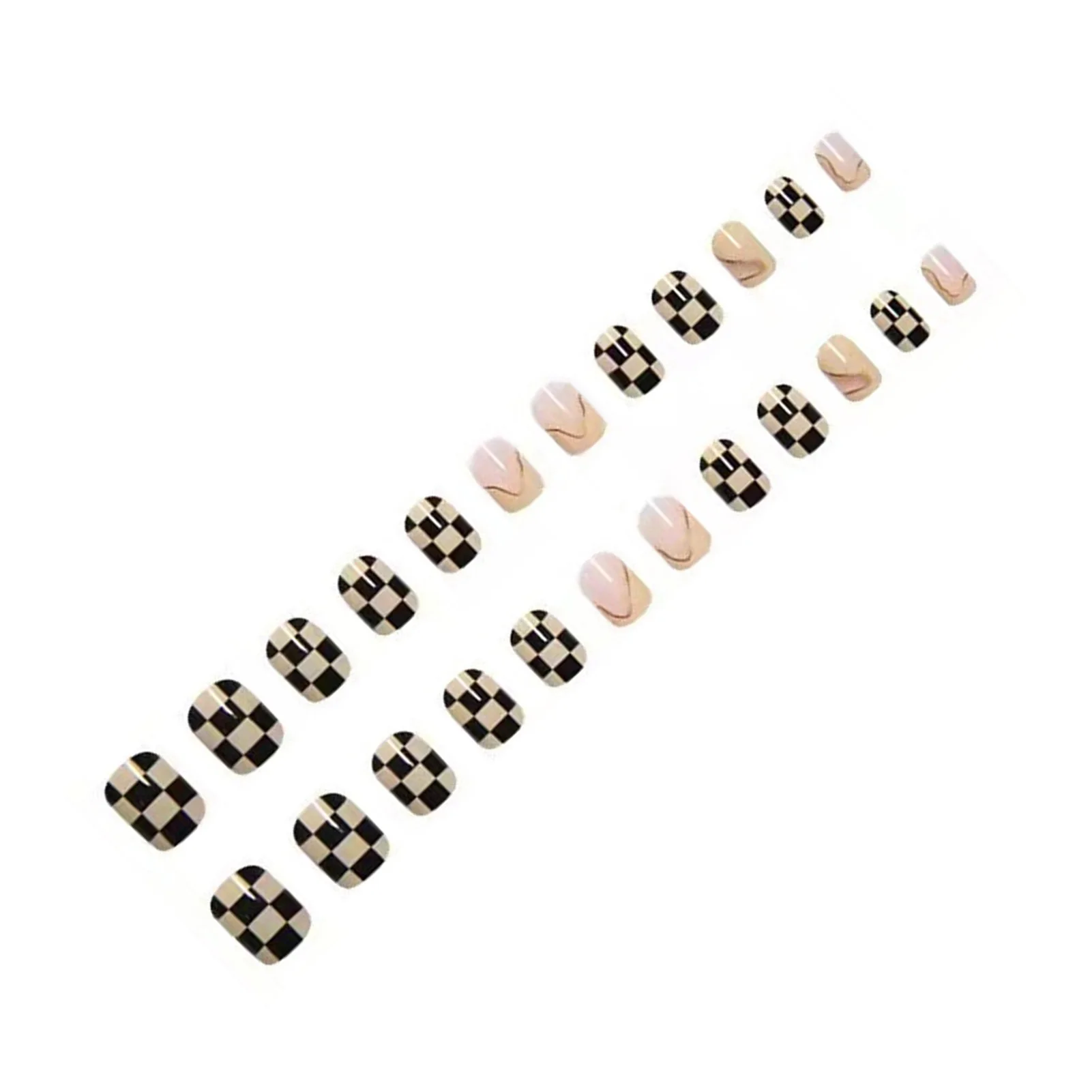 24pcs Black Checkered Pattern Short False Nails Ultra-flexible Reusable Long Lasting Fake Nails for Finger Decoration Home Nail