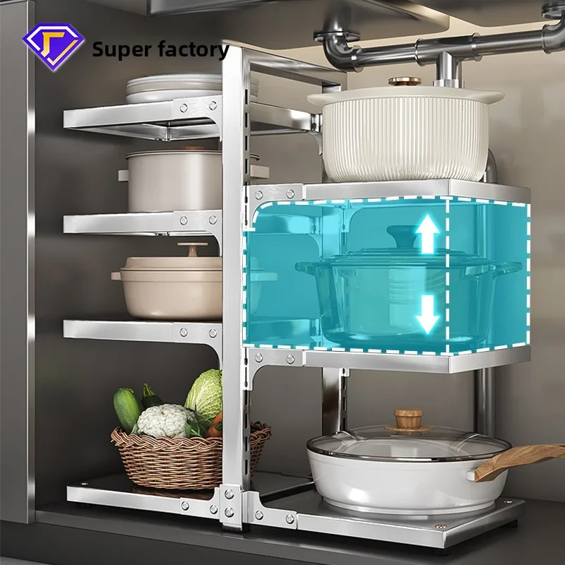 Stainless Steel Adjustable Pot Pan Organizer Rack Multi-Tier Cookware Lid Holder Kitchen Cabinets Countertops Under-Sink Storage