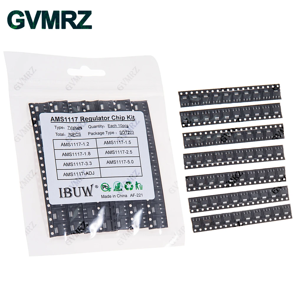 70PCS 7Values AMS1117 Regulator Chip Kit SOT223 (1.2/1.5/1.8/2.5/3.3/5.0/ADJ) for Arduino DIY Electronic Power Supply Project