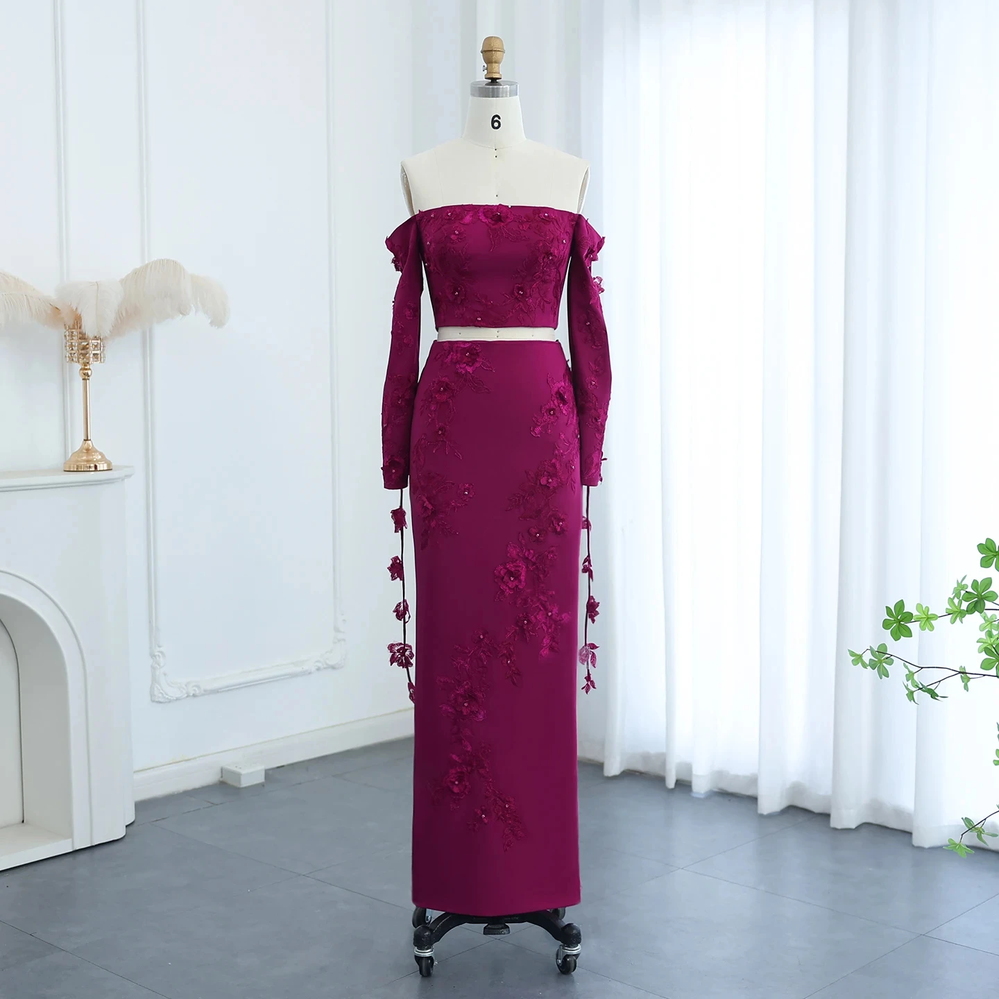 Elegant Off Shoulder Fuchsia 2 Pieces Evening Dress With Long Sleeves 3D Flowers Arabic Wedding Party Gowns Sz310