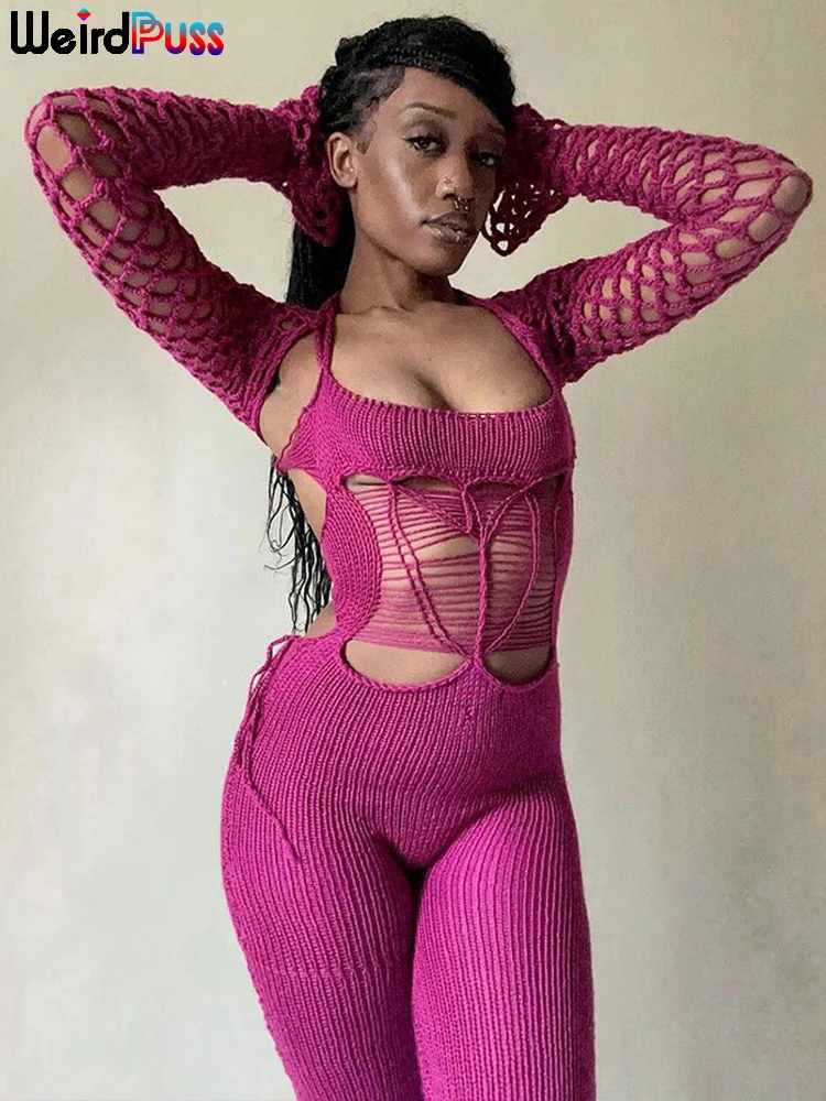 Weird Puss Knit Women Jumpsuit Women Stretch Fake Two Hollow Long Sleeve 2024 Summer Bandage Backless Clubwear Workout Overalls