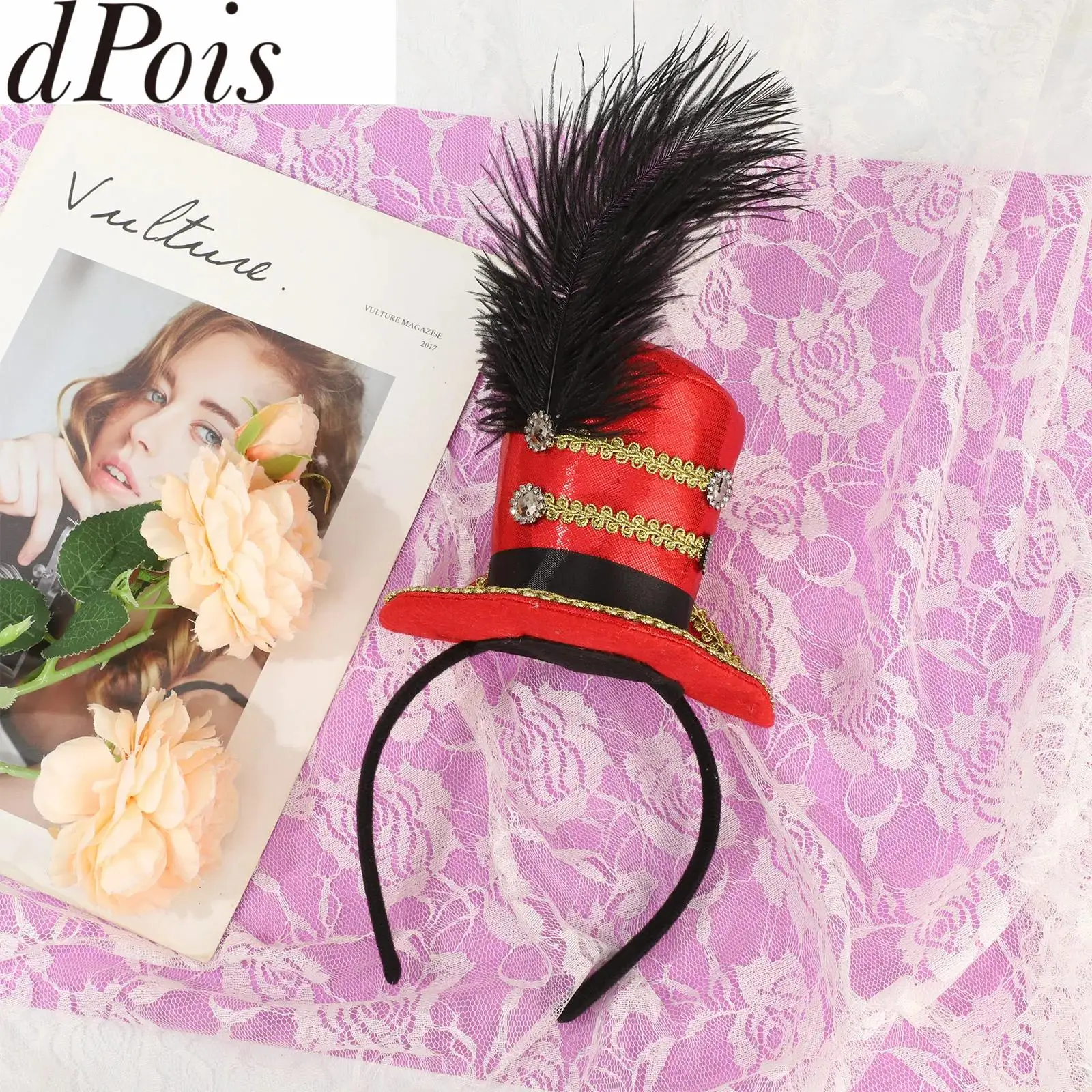 

Vintage Fascinator Top Hat Exquisite Glitter for Tea Party Headband Carnival Circus Costume Feather Hat Headwear for Halloween