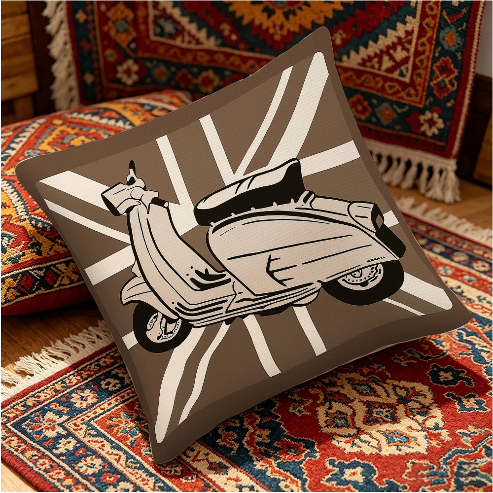 Vintage Scooter Pillowcase, British Flag Moped Cushion Cover, Retro Mod Style Home Decor, Brown Auto Art Print, Man Cave Gift