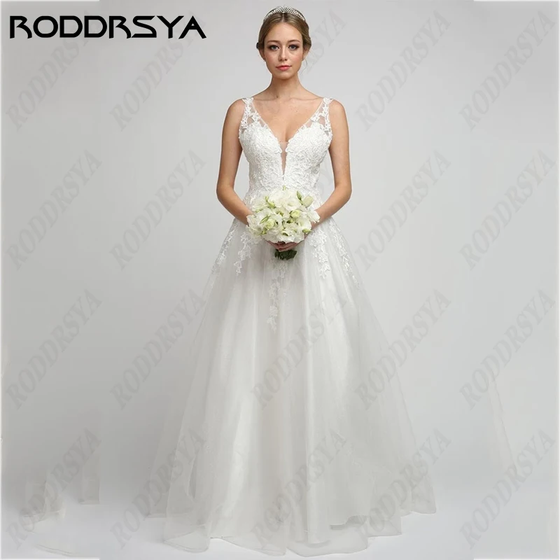 RODDRSYA-vestido De novia romántico con tirantes finos, traje sencillo con cuello en V, sin mangas, tul De ensueño, espalda descubierta vestido De novia romántico con tirantes finos, traje sencillo con cuello en V, sin