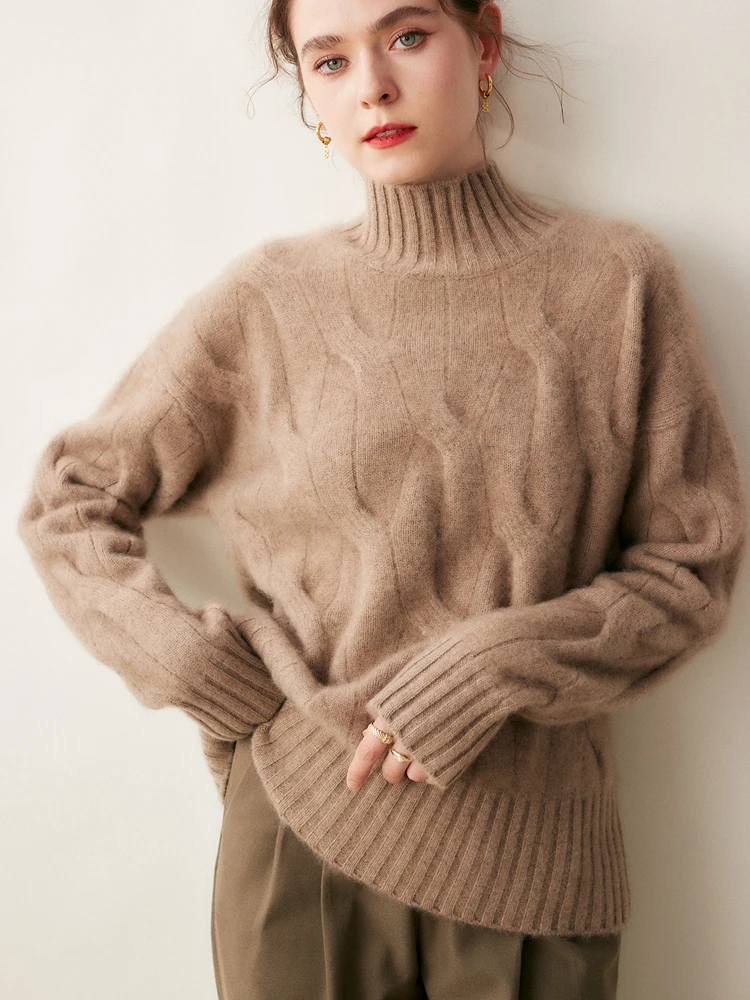 

TLOML Autumn Winter Thick Women's Mock Neck Pullover 100% Cashmere Sweater Cable Knit Casual Cashmere High Quality Solid Tops