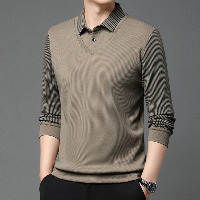 Men's Fake Two Long Sleeve Polo Shirt T-shirt Stretchy Loose Iron-free Lapels Versatile Casual