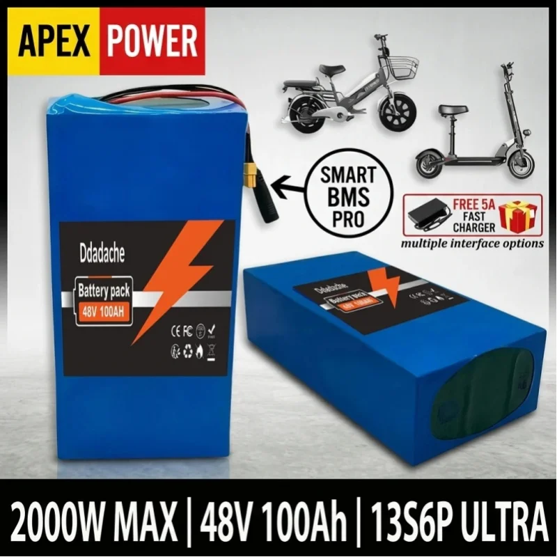 18650 13S6P Lithium-Batteriepack 48V 100Ah Großkapazitätsbatterie 2000W Hochleistungsmotor Citycoco Scooter Batterie mit eingebautem 50A BMS und anpassbarem Stecker