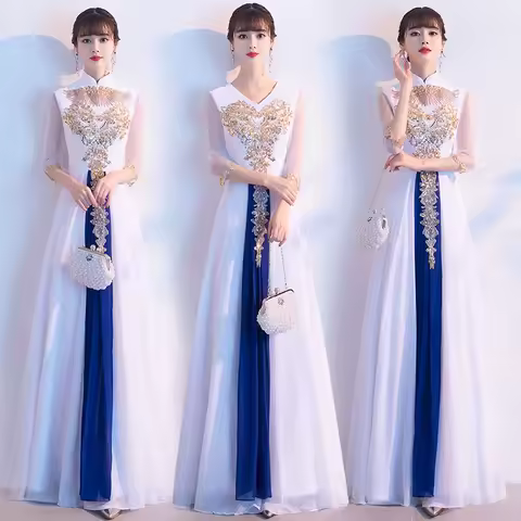 Elegant Woman Aodai Cheongsam Embroidery Party Banquet Evening Long Dress Dance Choir Performance Costume