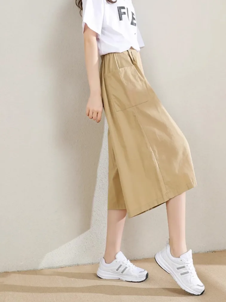 Pantalon d'été décontracté en coton à jambes larges pour femmes, en pur coton, coupe ample, taille haute, jambe droite