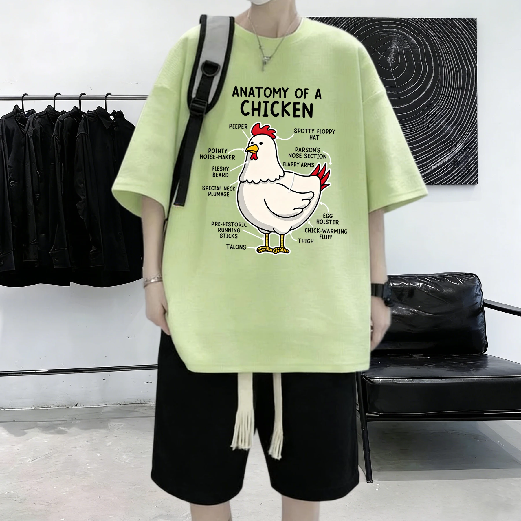 Anatomy Of A Chicken Printed Men Summer O-Neck Oversize T-Shirts Cotton Loose Short Sleeve Basics Street Hip Hop Sportswear