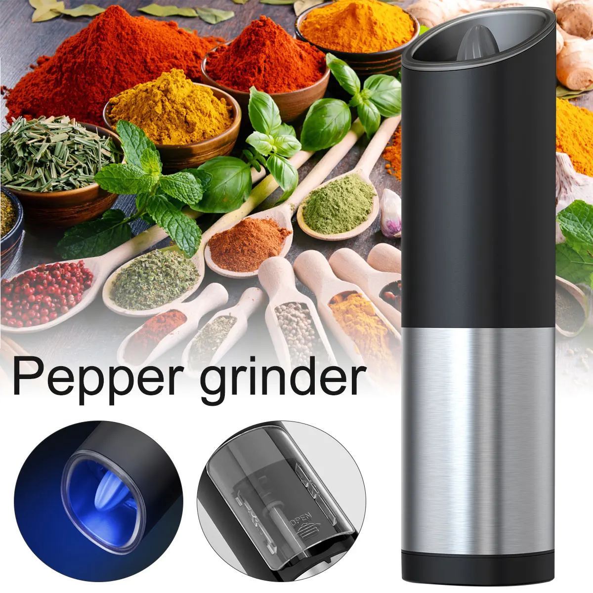 

Automatic Pepper Mills Electric Grinder Stainless Steel Salt Spice Grinders With LED Light Adjustable Coarseness Kitchen Tool