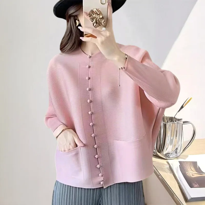 

Miyake Tops Women's Fall Pleated Jacket Simple Plate Button Round Neck Long Sleeve Stretch Thin Shirt Loose Casual with Pockets