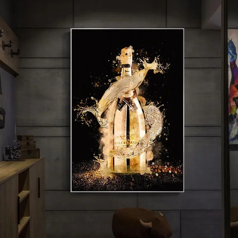 Abstract Golden Champagne Bottle Luxury Art Canvas Painting Print Poster Champagne Wall Art Picture Dining Room Home Decor Mural