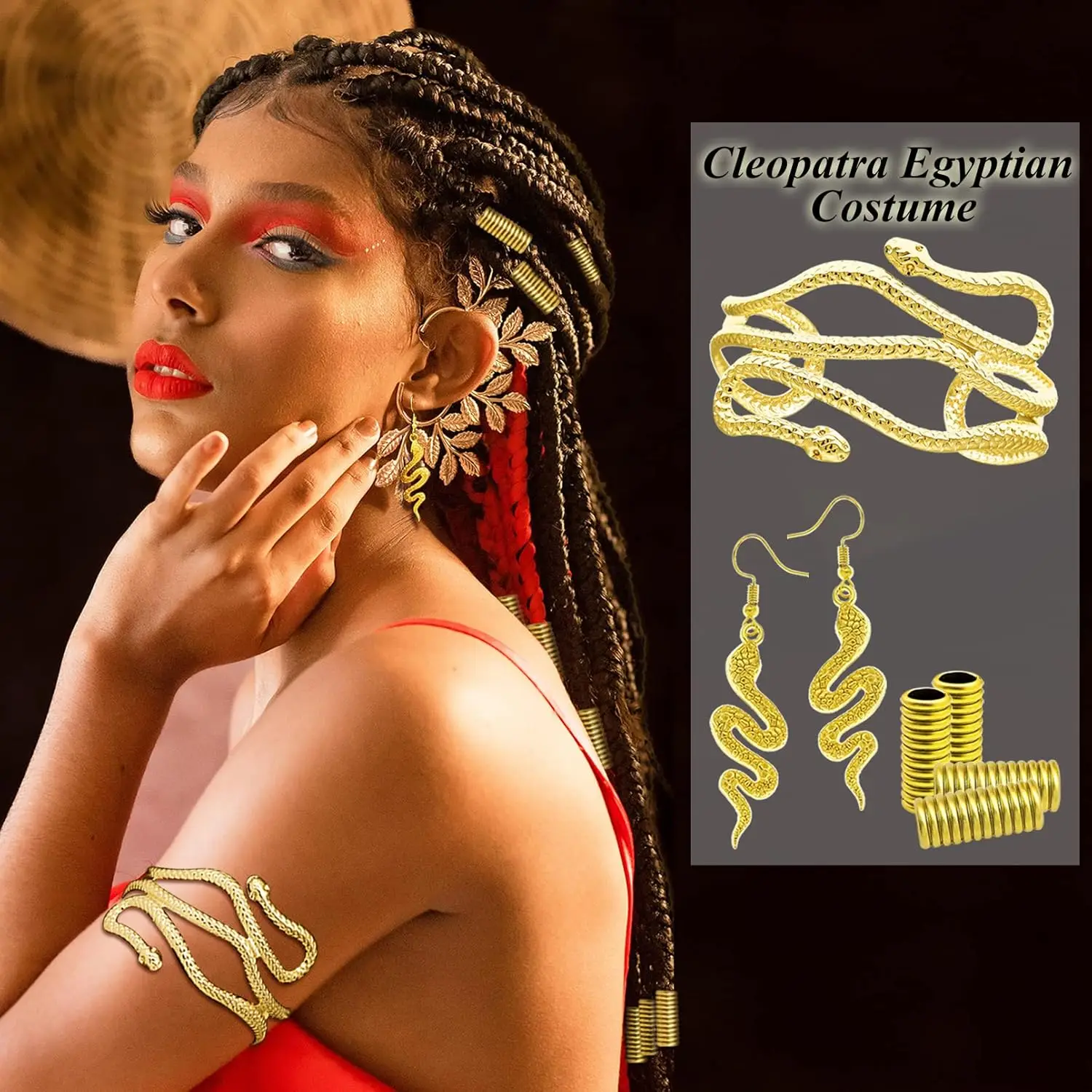 إكسسوارات أزياء كليوباترا المصرية، غطاء رأس على شكل ثعبان ذهبي، أقراط على شكل ذراع، سوار مجوهرات، أزياء الهالوين للنساء