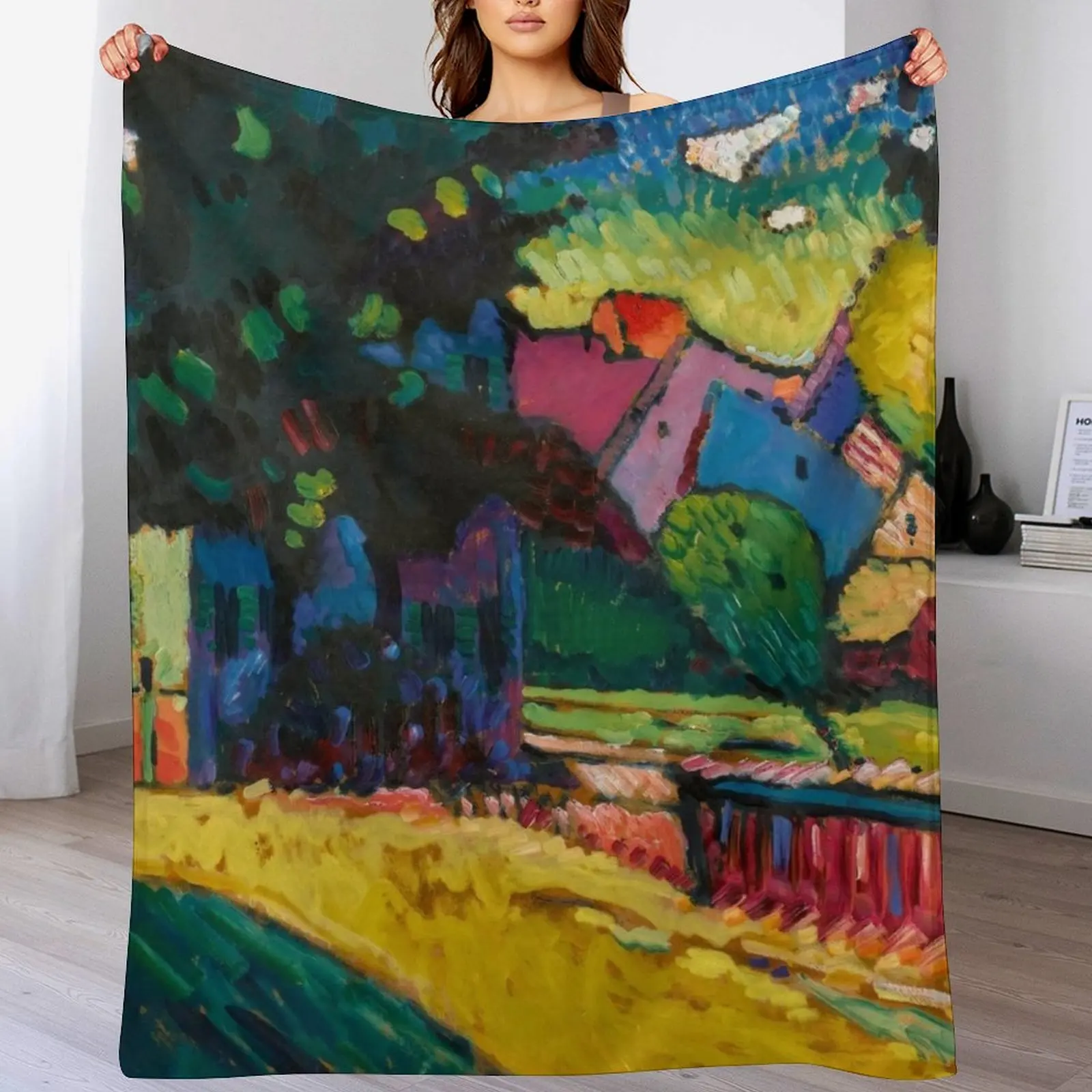 Wassily Kandinsky Murnau - Landscape with Green House Throw Blanket Warm Flannel Blanket for Couch Chair Bedroom