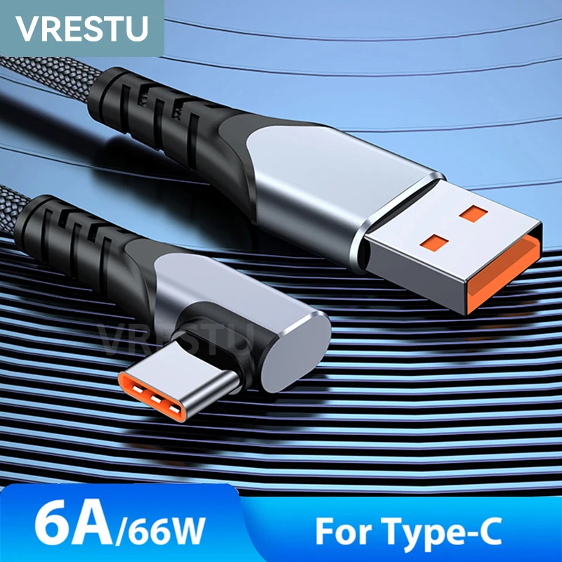 6A66W 90 Degree USBC Type-C Quick Charger Cable for Huawei Realme Supercharge OPPO Supervooc2.0  SCP FCP Dart Dash 65W 50W Elbow