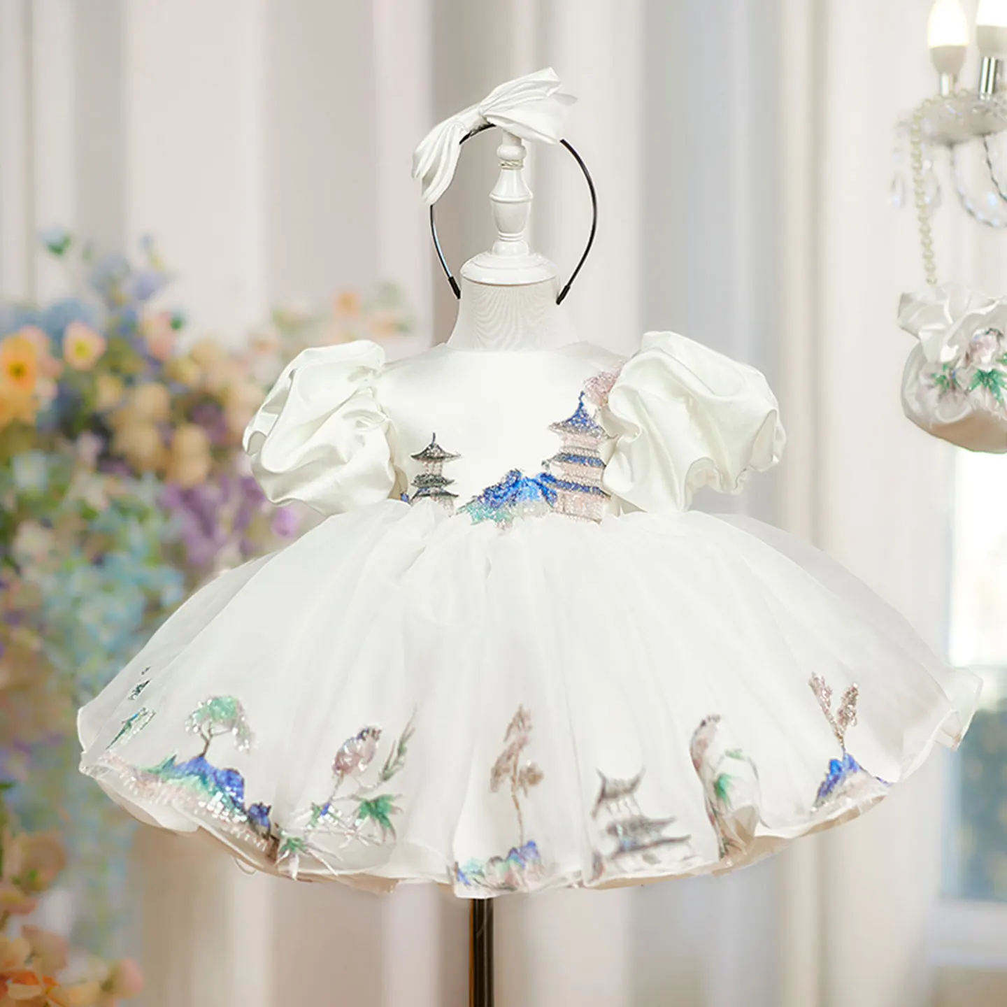 Dreamy Vow D228 Abito da ragazza di fiori ricamato di lusso al ginocchio Abito da principessa per bambini per matrimonio Compleanno Festival Festa Spettacolo