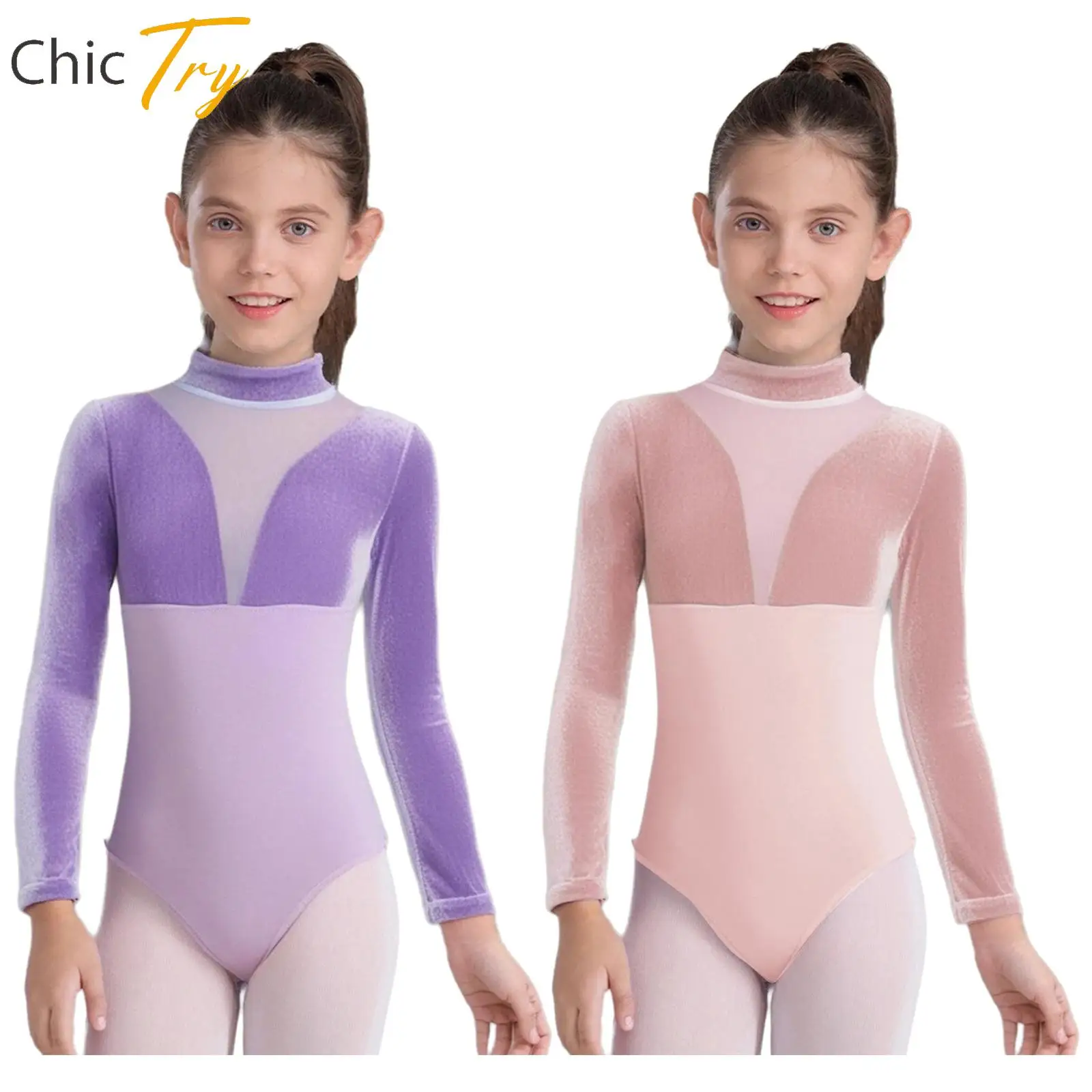 

Kids Girls Cotton Gymnastics Ballet Dance Costume Leotard Long Sleeves Zipper Velvet Mesh Bodysuit for Performance Training Wear