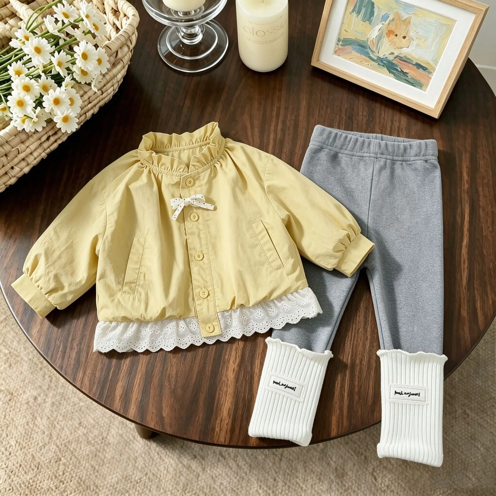 Girls' Autumn Baby Clothes Princess Korean Lace Trim Single Breast Cardigan Knit Leggings Two Price Sets
