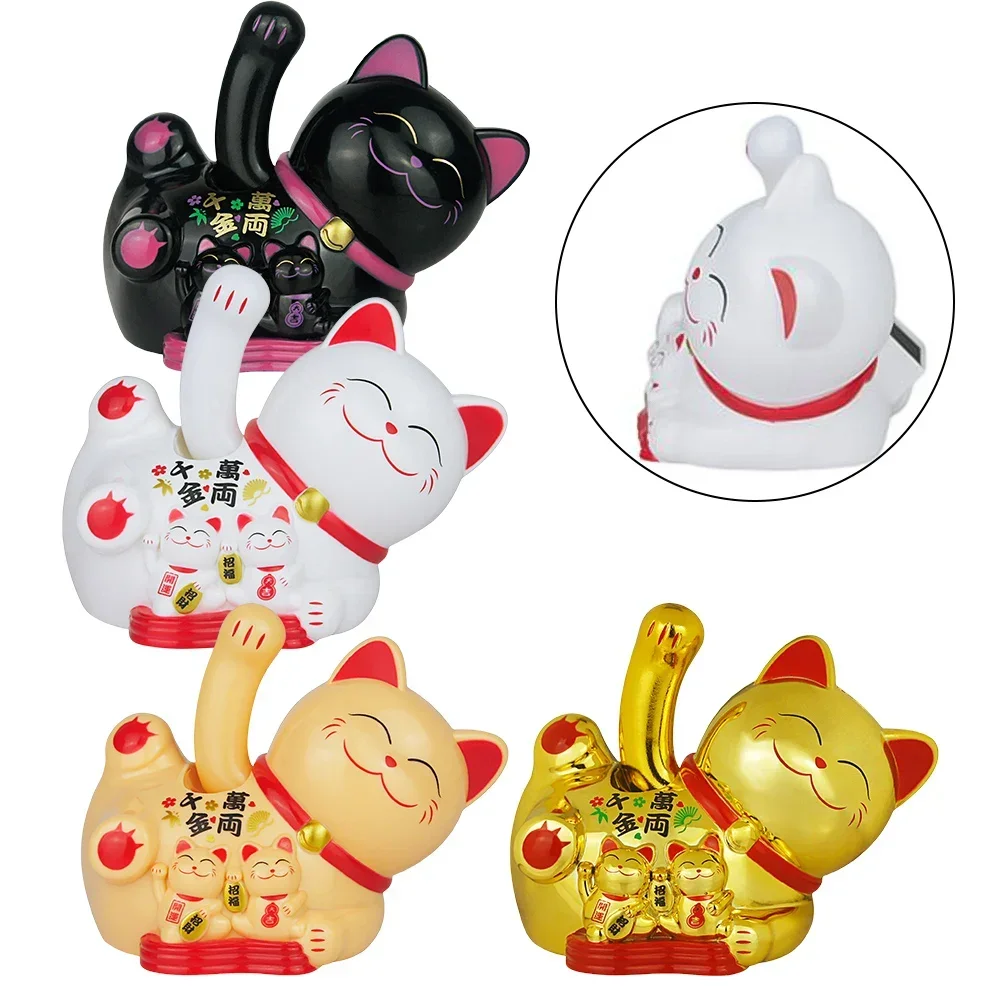 Solar Powered Maneki Neko Lucky Cat Welcoming Chinese Lucky Cat Waving Hand Beckoning Fortune Cat Figurines For Home-Decor