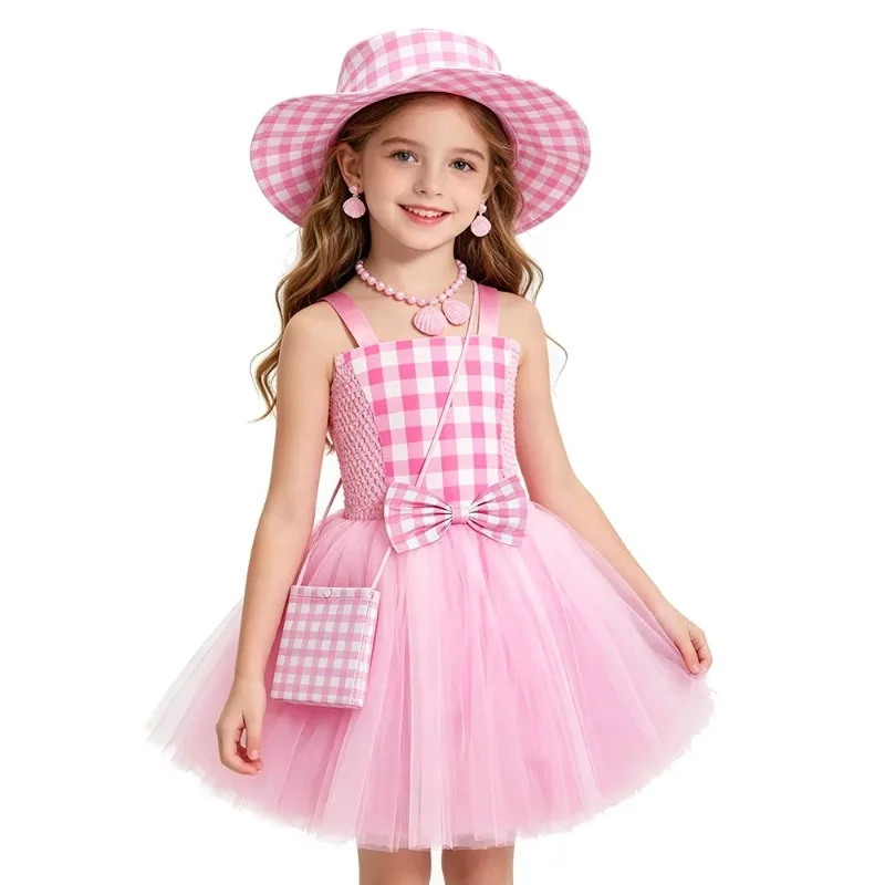 

Little Girls' Pink Plaid Bow Dress, Princess Tutu Skirt, Pastoral Style Fluffy Formal Gown, Outfit for Kids' Birthday Parties