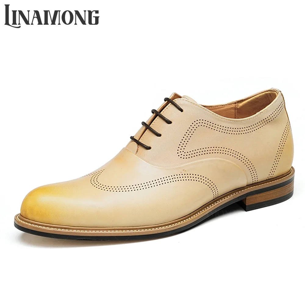 

Light Beige Polished Oxfords Vintage Carved Leather Shoes Designer Style Business Dress Shoes Elegant Handmade Cowhide Shoes