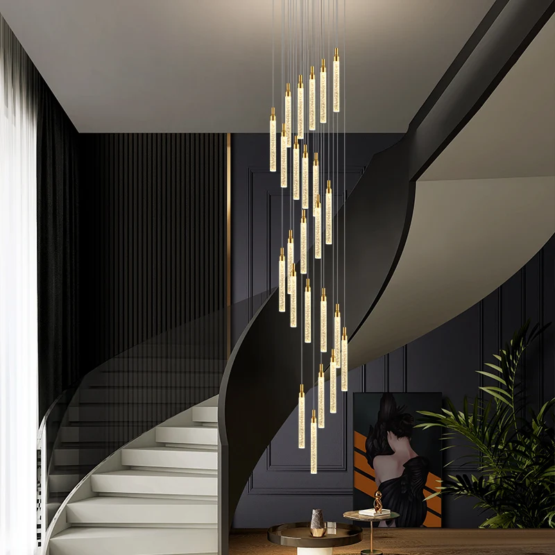 Staircase chandelier long crystal high ceiling spiral stairwell loft apartment villa duplex large chandelier