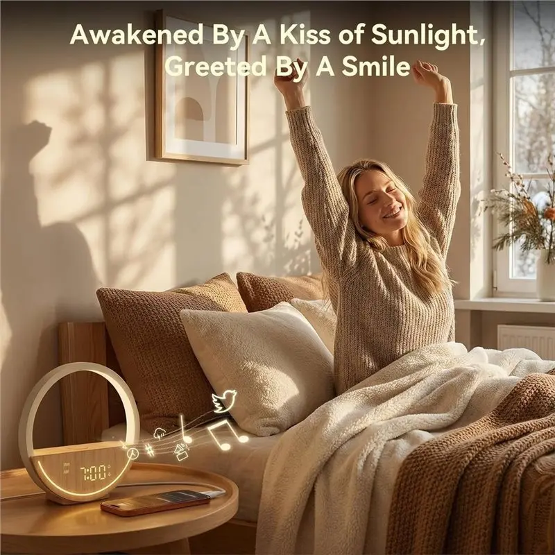 AT69 -Wake Up Light Sunrise Alarm Clock,White Noise Sound Machine With 20 Soothing Sounds For Heavy Sleepers EU Plug
