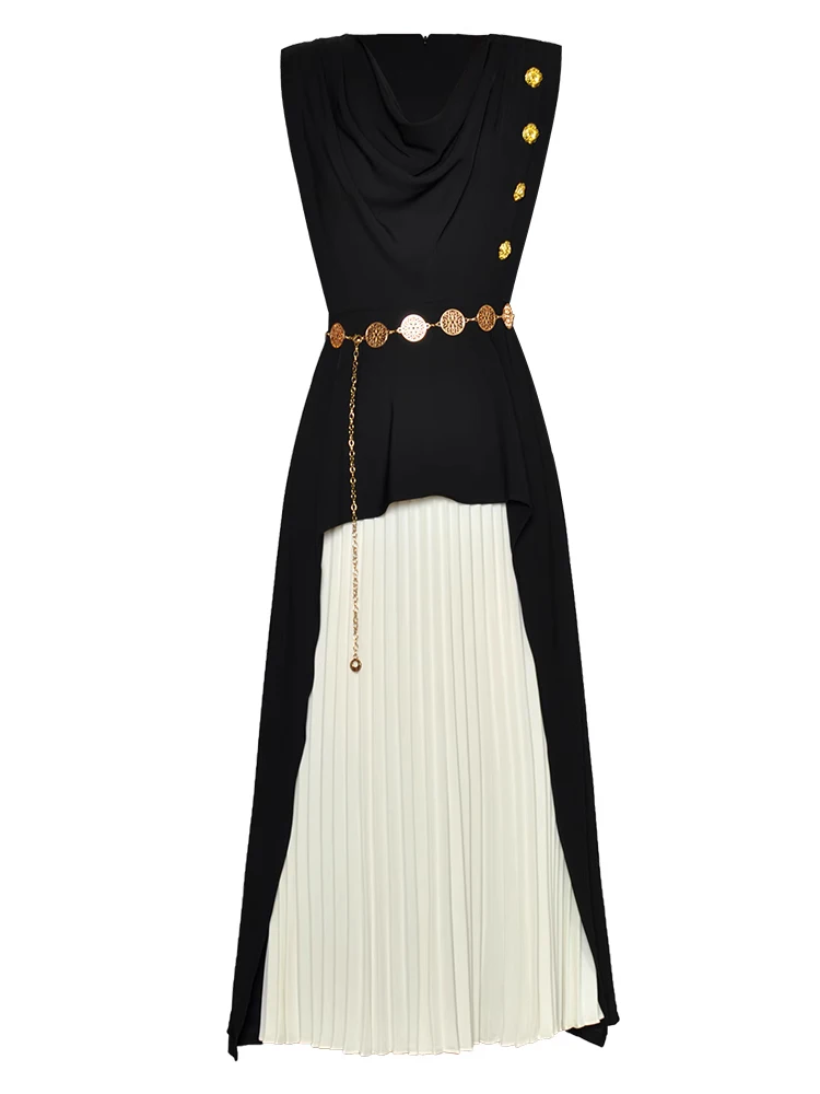 SEQINYY Black White Pleated Dress Midi Summer Spring New Fashion Design Women Runway V-Neck Vest Golden Buttons Belt Casual