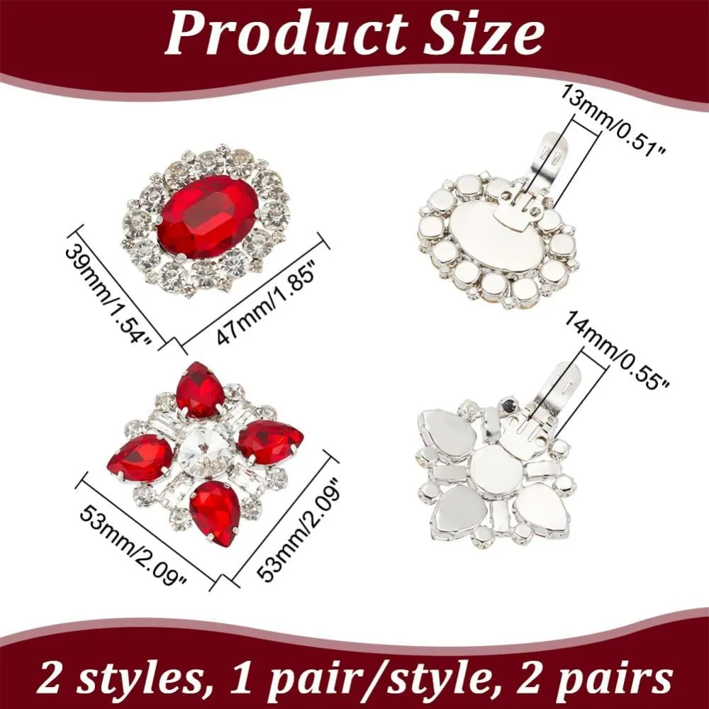 2 Pairs 2 Styles Rhinestone Shoe Clips, Red Alloy Rhinestone Crystal Shoe Clips Metal Shoe Buckles Sparkling Decoration