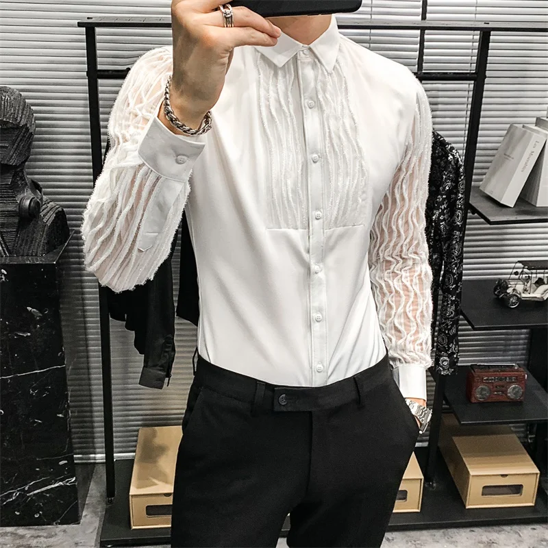 Shirts For Men Long Sleeve Lace Hollow Party Blouse Nightclub Slim Fit Streetwear Social Singer Dj Clothing Camisas Korean Shirt