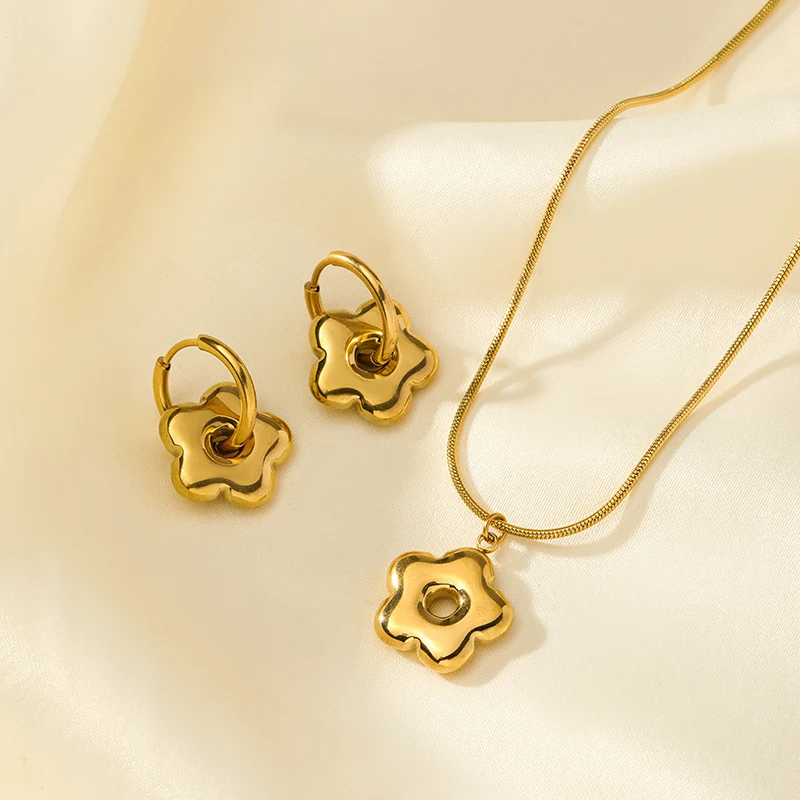 EILIECK 316L Stainless Steel Metal Flower Necklace Earrings Set For Women Fashion Party 18K Gold-Plated Jewelry Set Jewelry - Detail 1