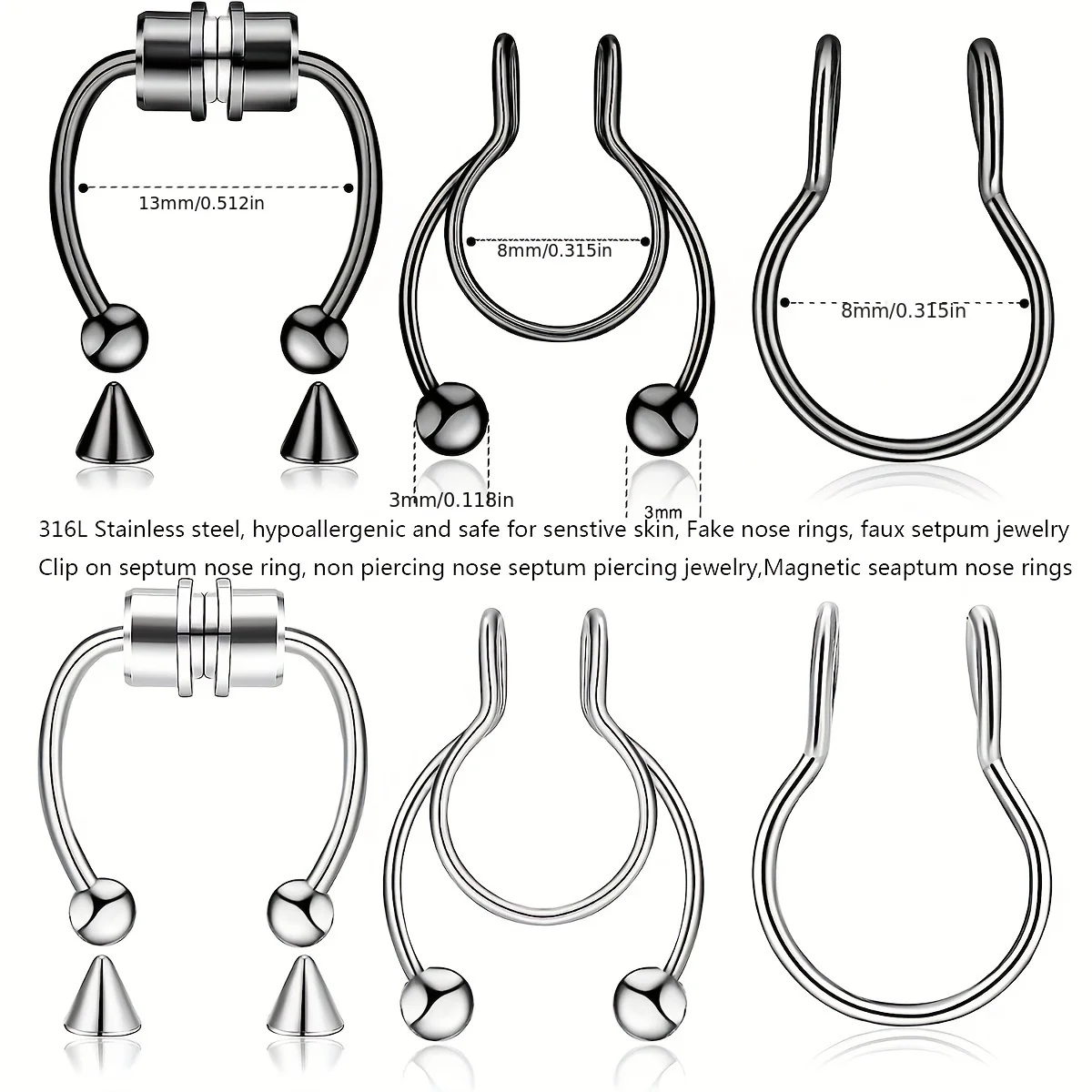 1Pcs/3Pcs Men Stainless Steel Fake Nose Ring Set Fake Nose Septum Ring Magnetic Non-Piercing Cartilage Earring For Woman view 3