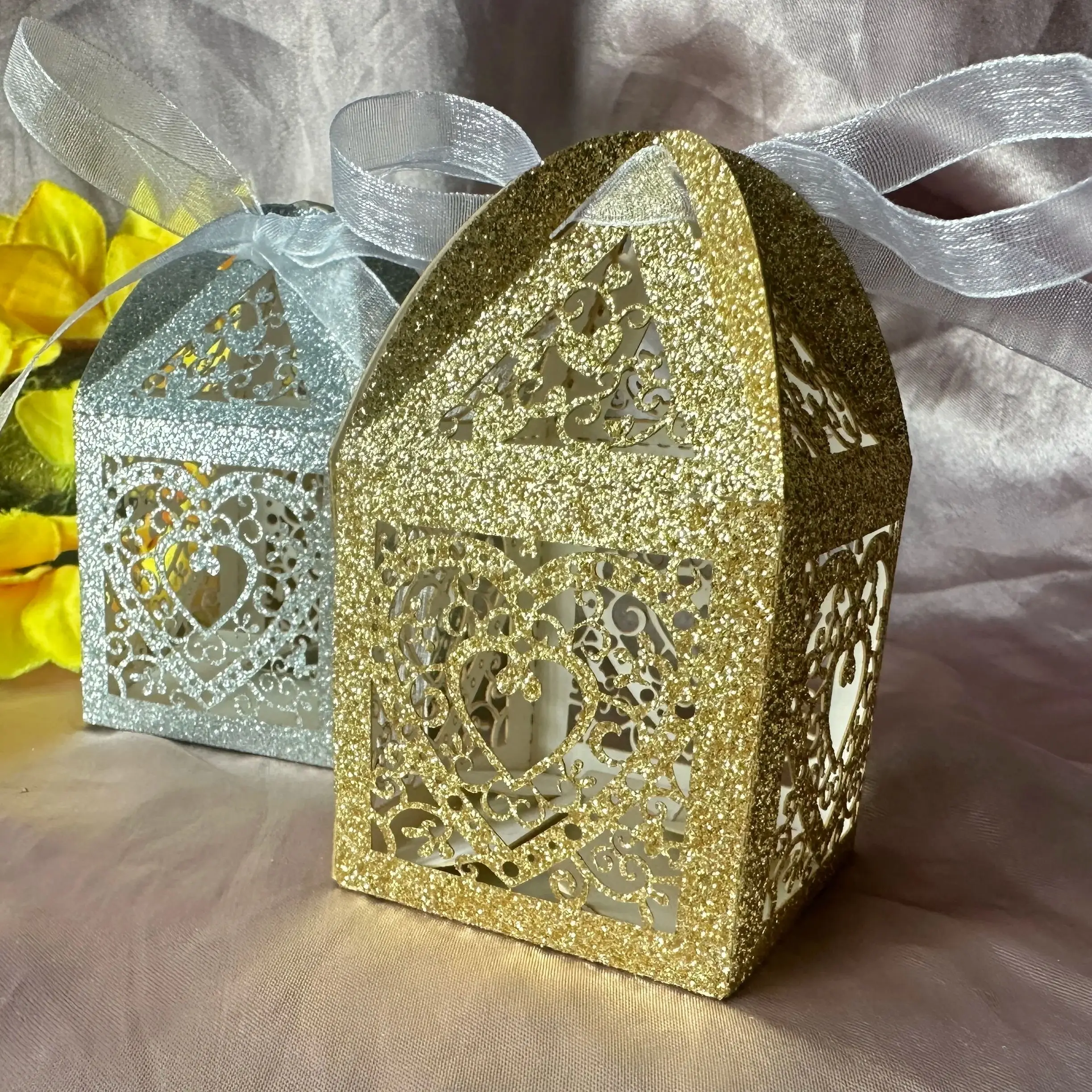 

10pcs Glitter Paper Small Macaron Gift Boxes with ribbon,Wedding Favor Box,Laser Cut Candy Boxes for Party Favor Decoration