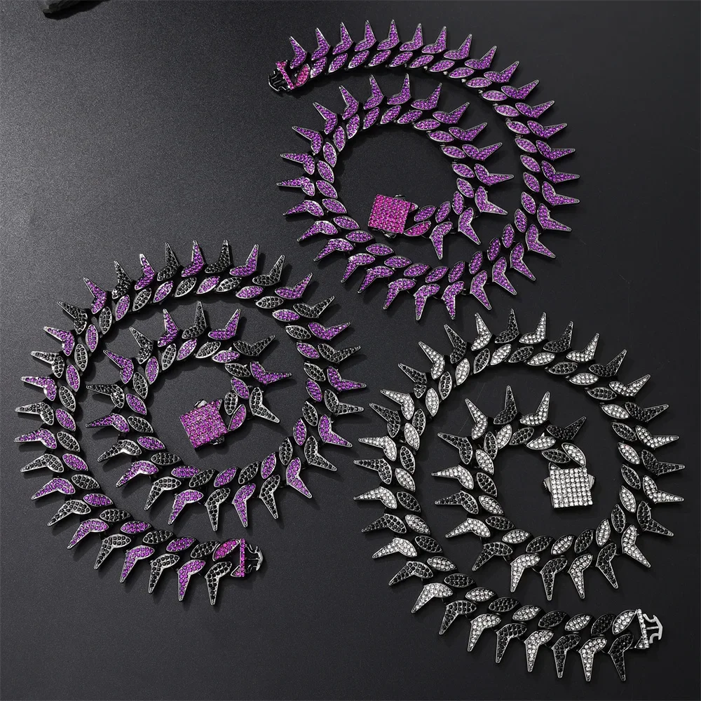 

Hip Hop 24MM Heavy Purple Iced Out CZ Stones Cuban Thorns Link Chain Necklace For Men Charm Jewelry Gift