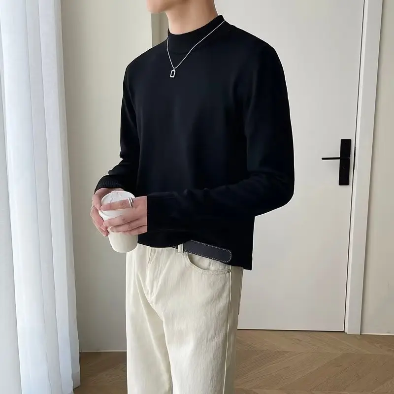 Autumn Winter White Mock Neck Solid Knit Sweater Men's Casual Base Layer Top