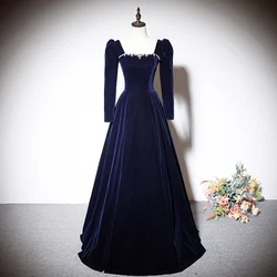 Navy Blue Square Collar Evening Dress Full Sleeves Pleat A-Line Lace Up Velour Floor-Length Plus Size Party Dresses Woman XE084