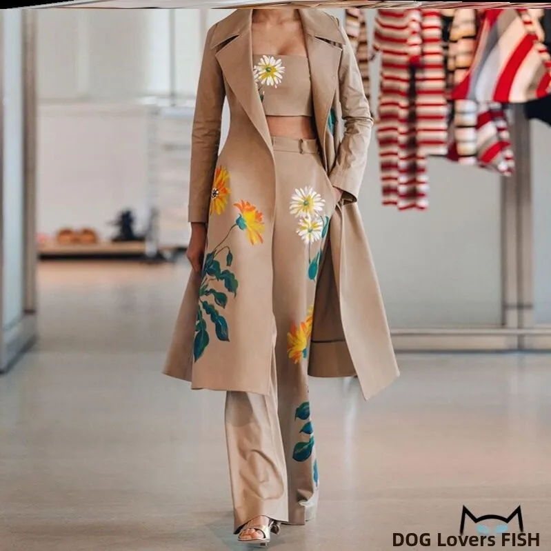 

Elegant Long Print Coat Jacket Top And Pants Three Piece Set Women's Fashion Outerwear Winter Season High Quality Ladies Suit