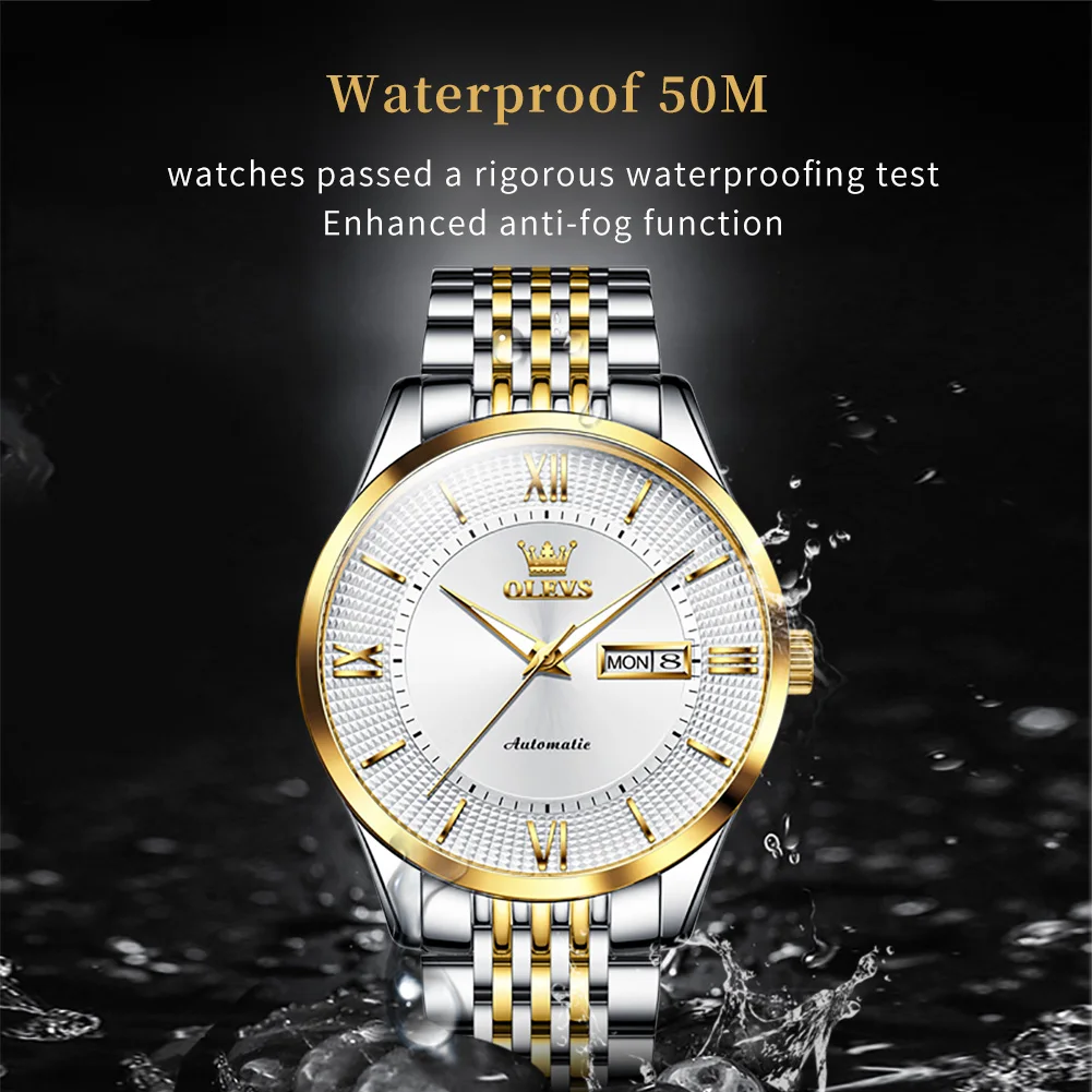 OLEVS 6657 Mens Watch Original Simple Reloj 50M Waterproof Luminous Watches For Men Mechanical Watch Day-Date Watch  With Box