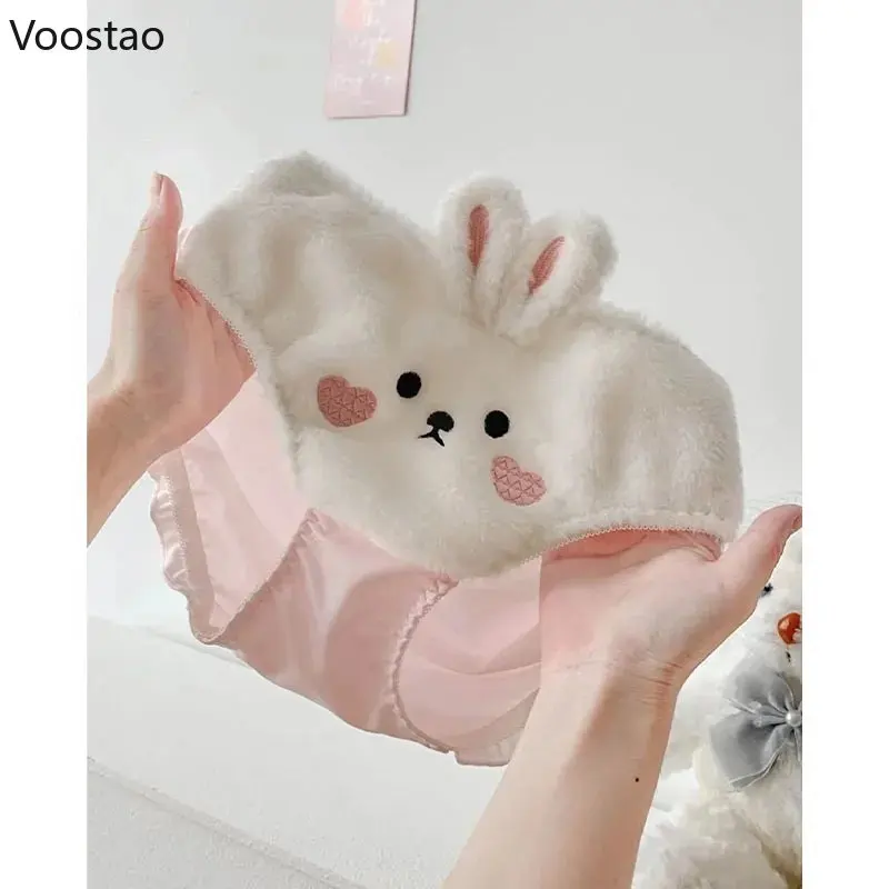 Japanese Sweet Lolita Plush Briefs Women Kawaii Cartoon Bunny Bear Ears Underpants Soft Warm Girl Underwear Female Cute Panties