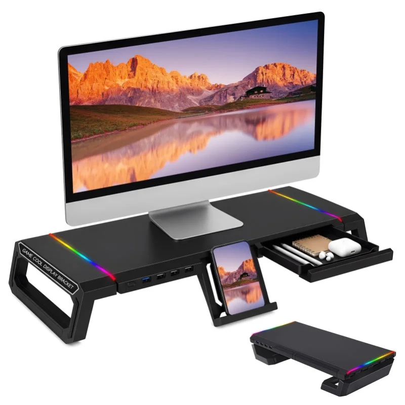 PC-Monitorständer mit 3.0 USB-Anschlüssen, Desktop-Computerständer, verstellbarer Computerständer, Schreibtischregal mit Aufbewahrungsschubladen